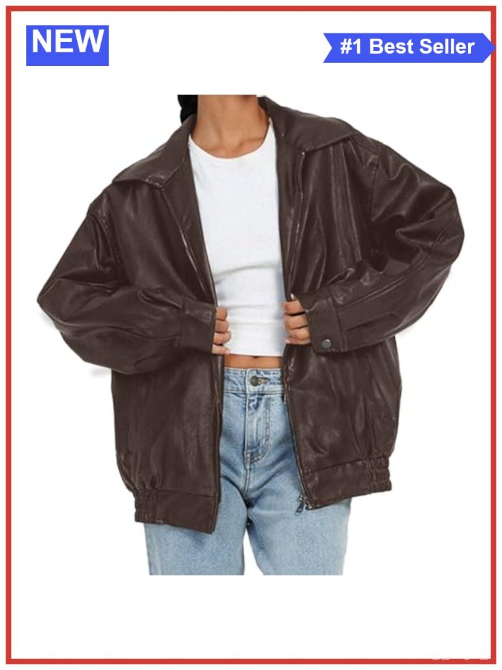 Oversized Faux Leather Motorcycle Jacket Bomber Coat Zip Up